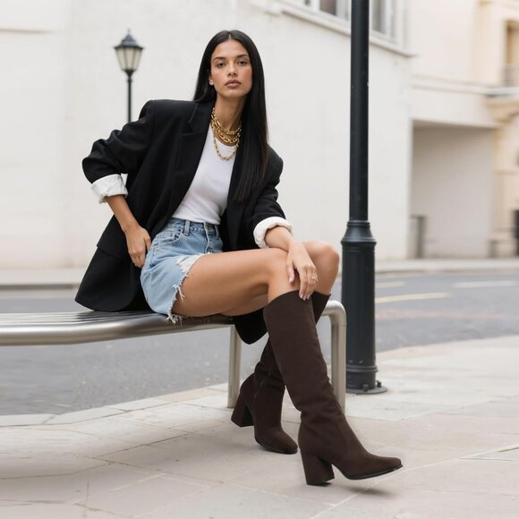 Women's Dark Brown Modatope Knee High Heel Square Toe Side Zippe Long boots - Picture 8 of 9